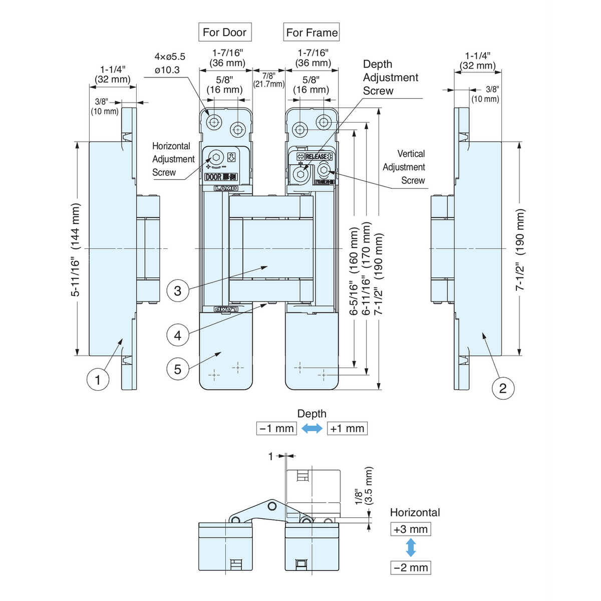 Sugatsune HES3D-W190BL-UL: 190mm 3-Way Adjustable Concealed Door Hinge (UL) - Black