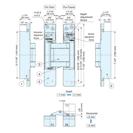 Sugatsune HES3D-W190DC-UL: 190mm 3-Way Adjustable Concealed Door Hinge (UL) - Dull Chrome