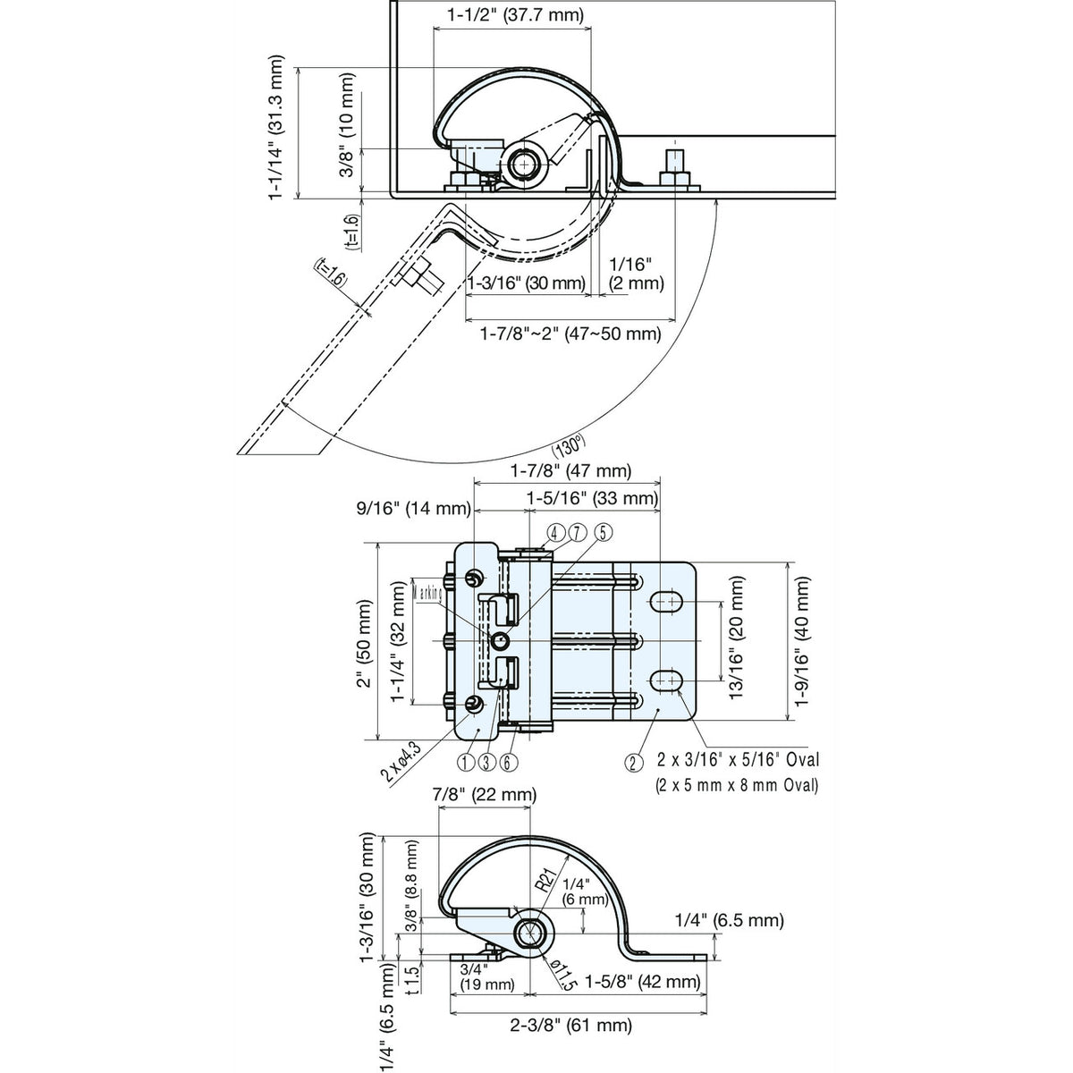 Sugatsune HG-TUWA07 torque hinge technical drawings