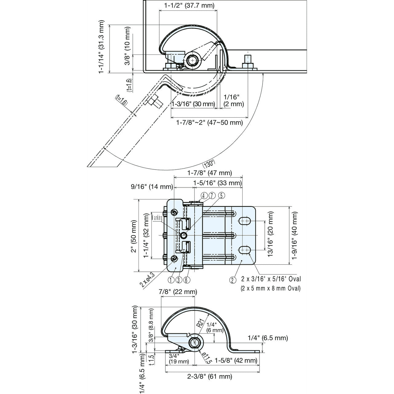 Sugatsune HG-TUWA07 torque hinge technical drawings
