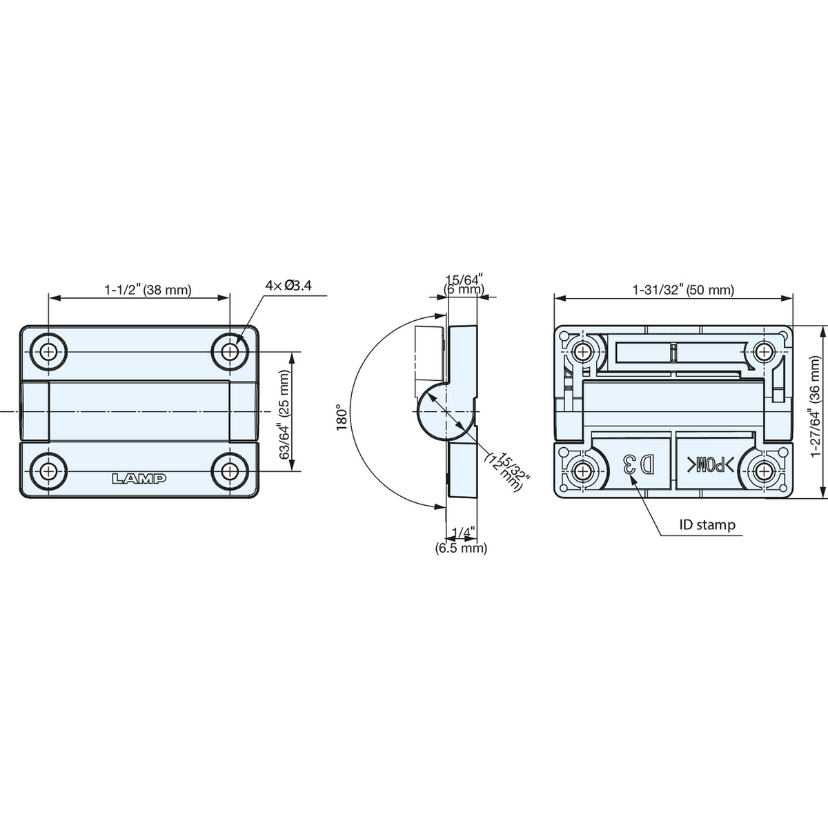 Sugatsune HG-VH8-T35/WT: Free Stop Combination Hinge - White