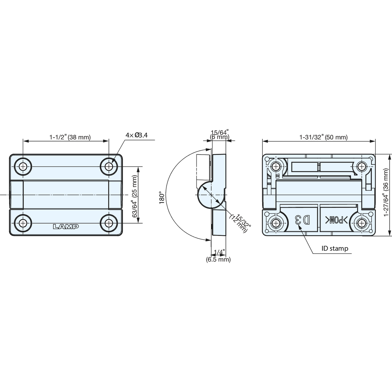 Sugatsune HG-VH8-T35/WT: Free Stop Combination Hinge - White