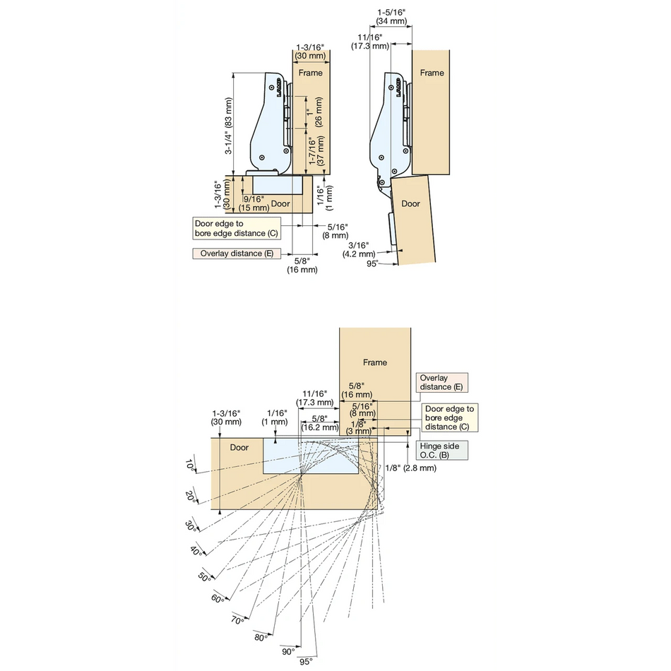 Sugatsune J95-24/16T-NI: 16mm Overlay Heavy-Duty Concealed Hinge (free swing) - Nickel