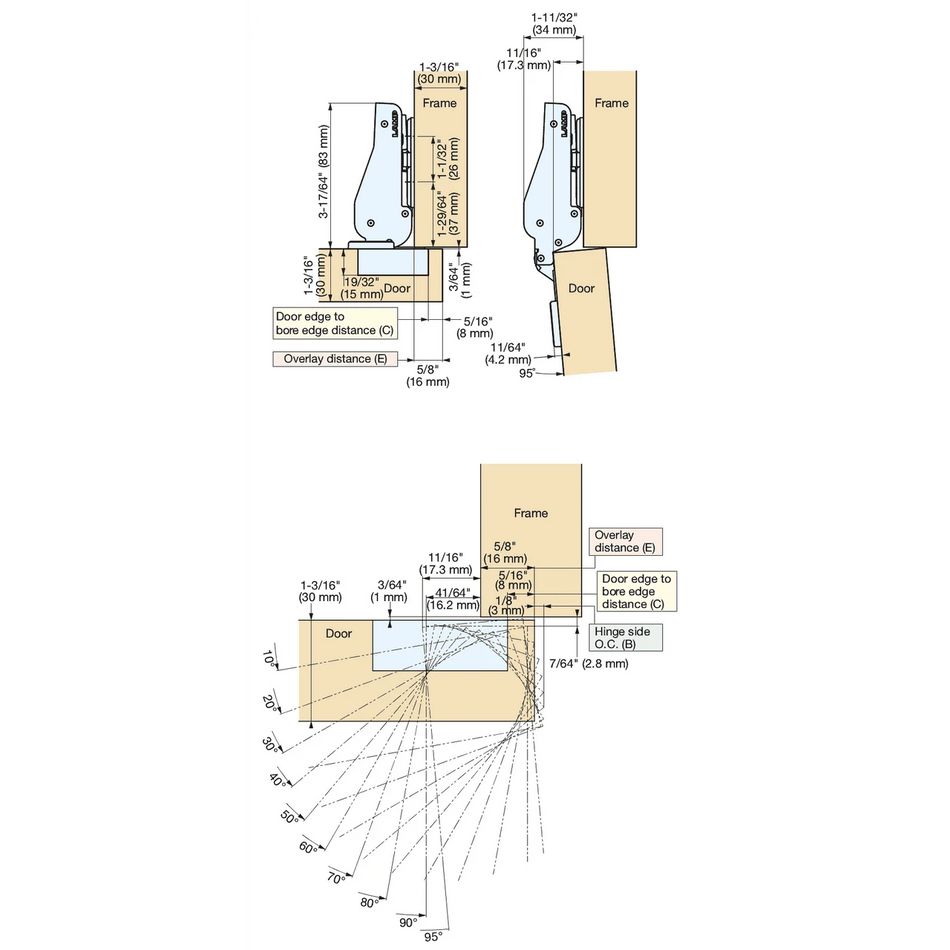 Sugatsune J95-C24/16T-BN: 16mm Overlay Heavy-Duty Concealed Hinge (soft close) - Black Nickel