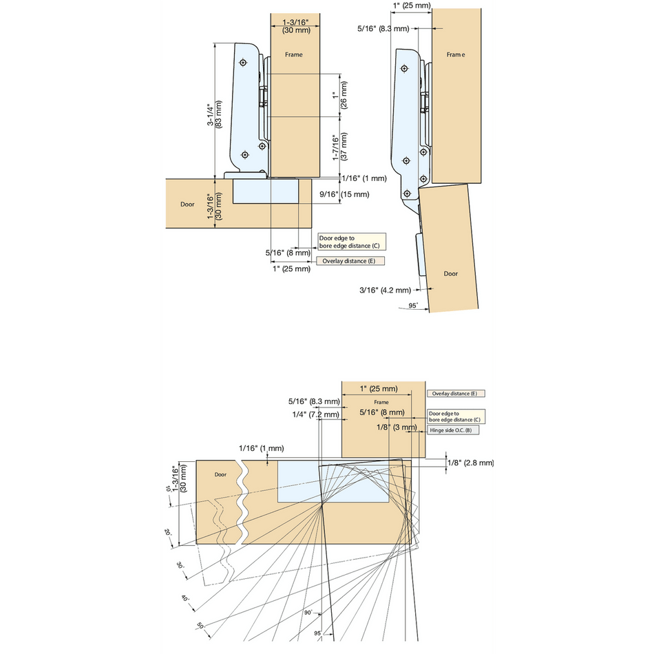 Sugatsune J95-C24/25T-NI: 25mm Overlay Heavy-Duty Concealed Hinge (soft close) - Nickel