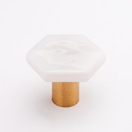 Sietto K-1700-SB: 1-1/4" Hexagon Cabinet Knob - White w/Satin Brass Base
