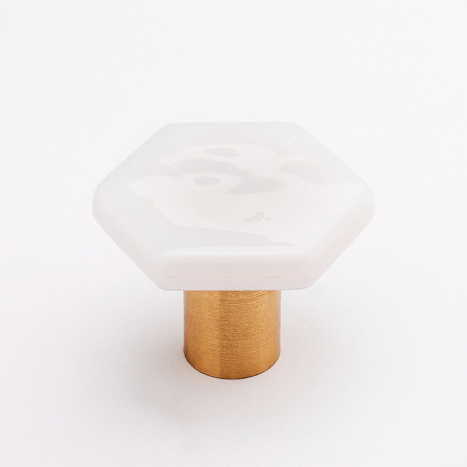 Sietto K-1700-SB: 1-1/4" Hexagon Cabinet Knob - White w/Satin Brass Base