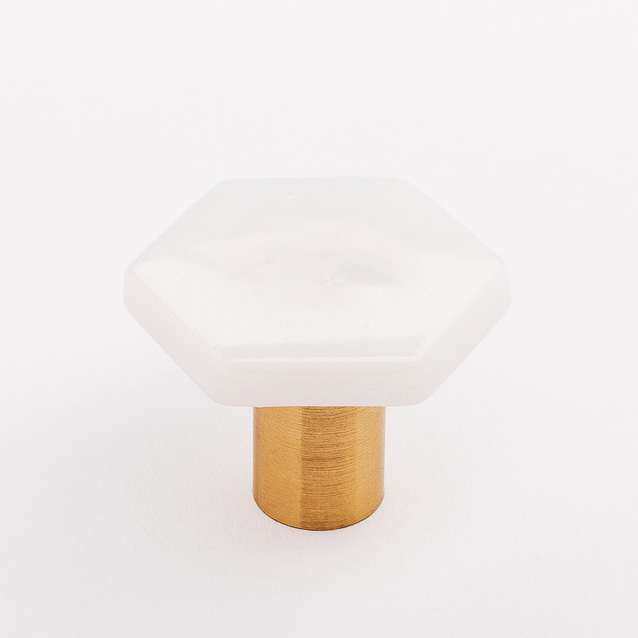 Sietto K-1701-SB: 1-1/4" Hexagon Cabinet Knob - Iridescent White w/Satin Brass Base