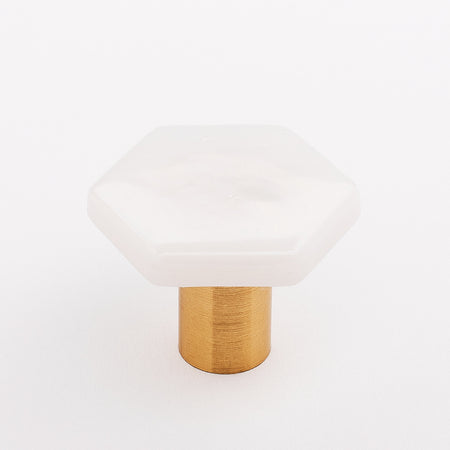 Sietto K-1701-SB: 1-1/4" Hexagon Cabinet Knob - Iridescent White w/Satin Brass Base