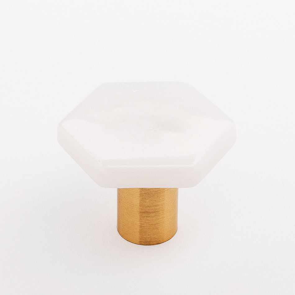 Sietto K-1701-SB: 1-1/4" Hexagon Cabinet Knob - Iridescent White w/Satin Brass Base