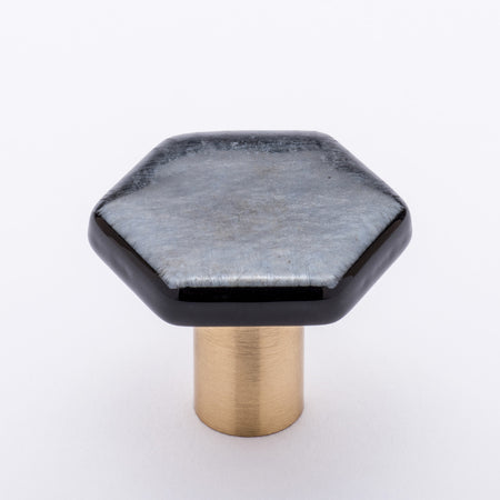 Sietto K-1702-SB: 1-1/4" Hexagon Cabinet Knob - Iridescent Silver Black w/Satin Brass Base
