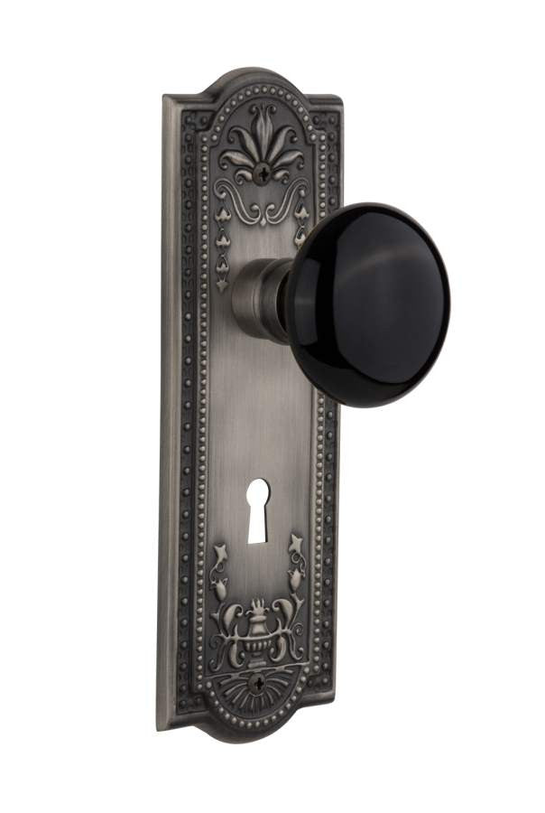 Nostalgic 710357: Meadows Backplate w/Black Porcelain Knob Privacy Door Set - Antique Pewter