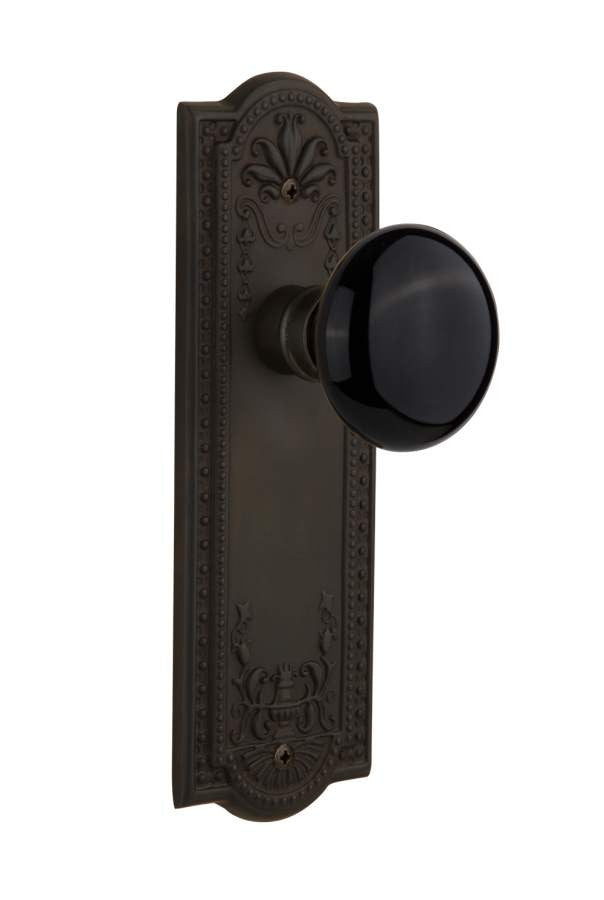 Nostalgic 710305: Meadows Backplate w/Black Porcelain Knob Privacy Door Set - Oil-Rubbed Bronze