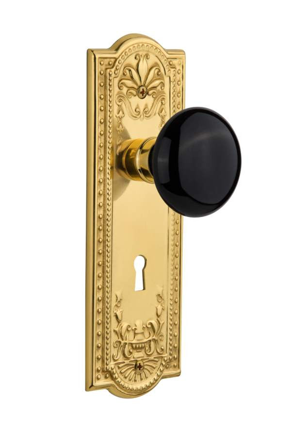 Nostalgic 710168: Meadows Backplate w/Black Porcelain Knob Single Dummy Door Set - Polished Brass