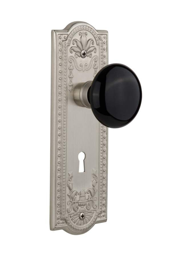 Nostalgic 710361: Meadows Backplate w/Black Porcelain Knob Privacy Door Set - Satin Nickel