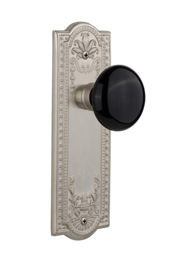Nostalgic 710019: Meadows Backplate w/Black Porcelain Knob Passage Door Set - Satin Nickel