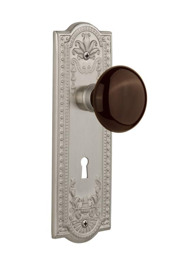 Nostalgic 710850: Mortise Meadows Plate Brown Porcelain Knob Keyhole - Satin Nickel