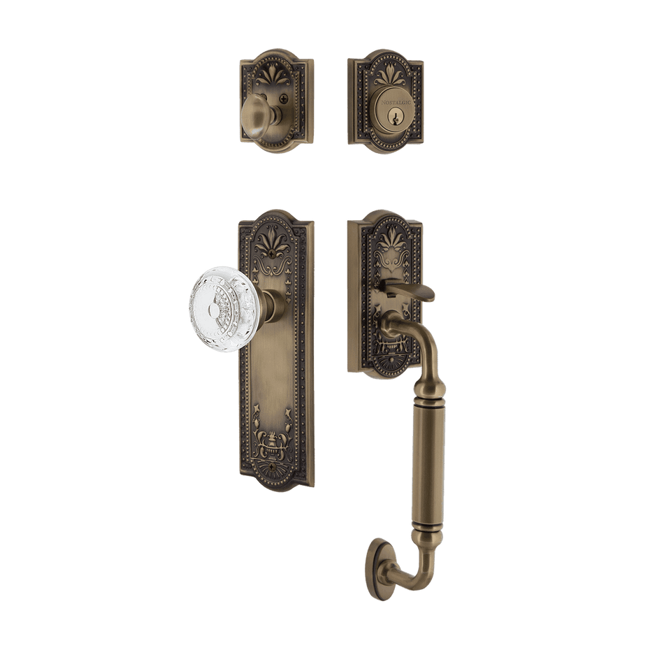 Nostalgic 755789: Entry Lockset w/Meadows Backplate, C-Grip Exterior Handle and Meadows Knob - Antique Brass