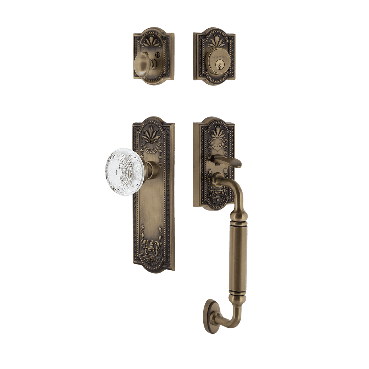 Nostalgic 755788: Entry Lockset w/Meadows Backplate, C-Grip Exterior Handle and Meadows Knob - Antique Brass