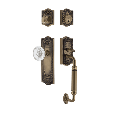 Nostalgic 755788: Entry Lockset w/Meadows Backplate, C-Grip Exterior Handle and Meadows Knob - Antique Brass