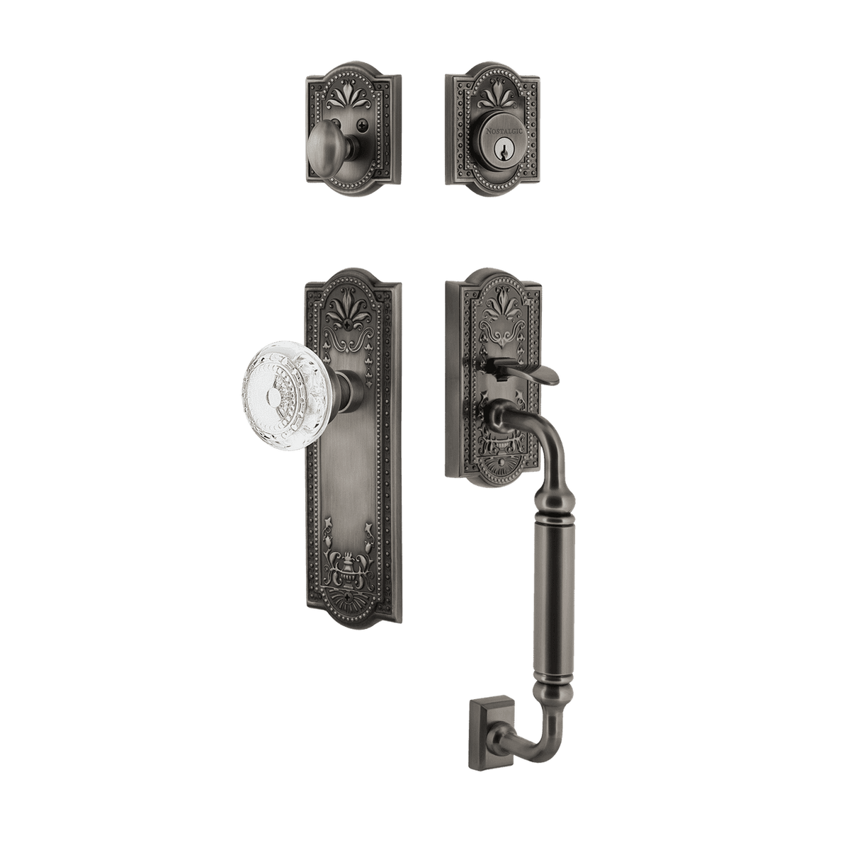 Nostalgic 755800: Entry Lockset w/Meadows Backplate, C-Grip Exterior Handle and Meadows Knob - Antique Pewter