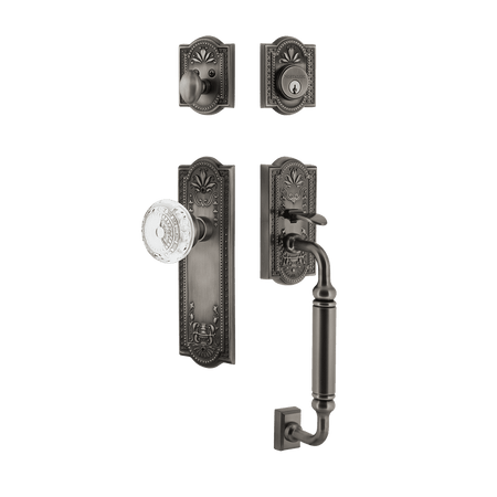 Nostalgic 755800: Entry Lockset w/Meadows Backplate, C-Grip Exterior Handle and Meadows Knob - Antique Pewter