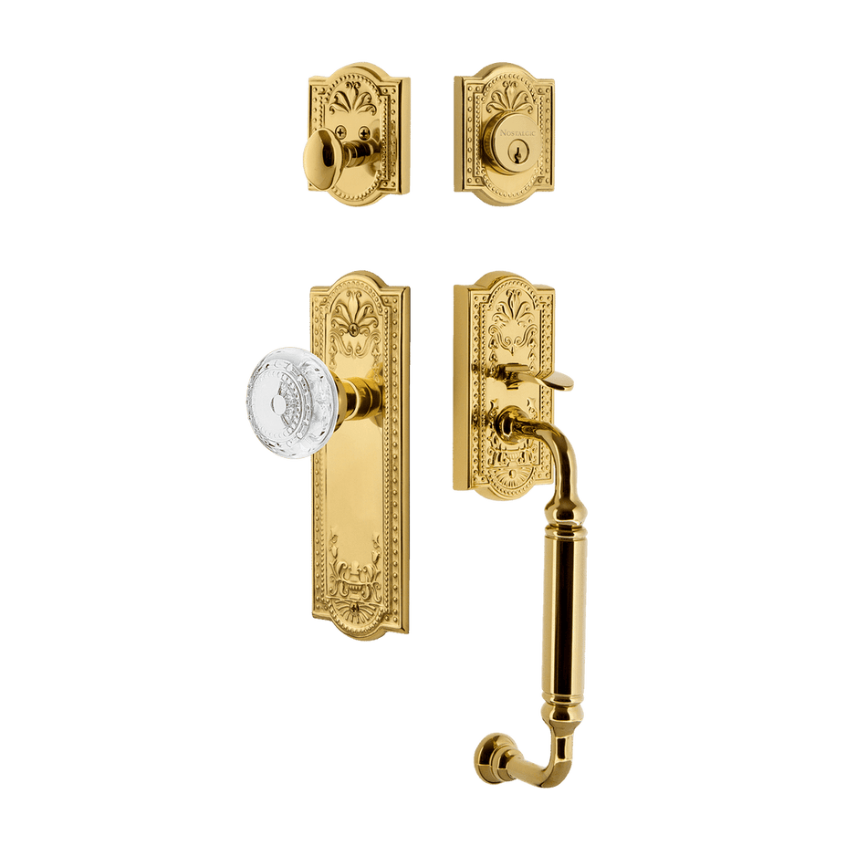 Nostalgic 755812: Entry Lockset w/Meadows Backplate, C-Grip Exterior Handle and Meadows Knob - Polished Brass
