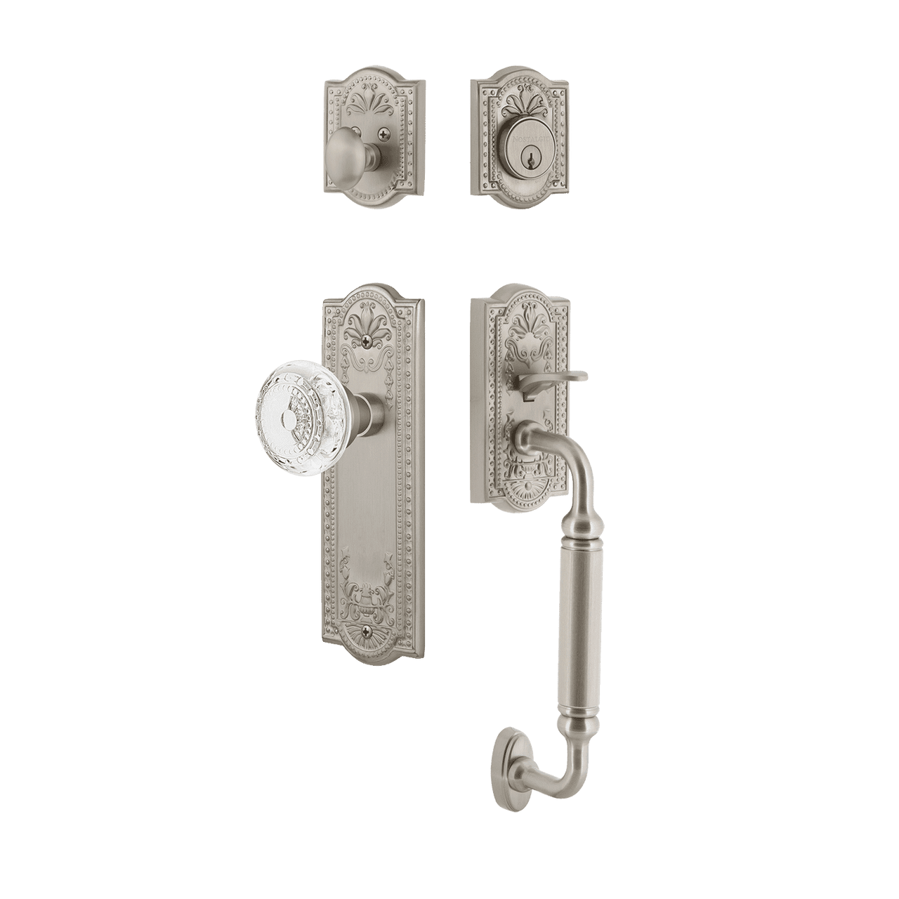 Nostalgic 755825: Entry Lockset w/Meadows Backplate, C-Grip Exterior Handle and Meadows Knob - Satin Nickel