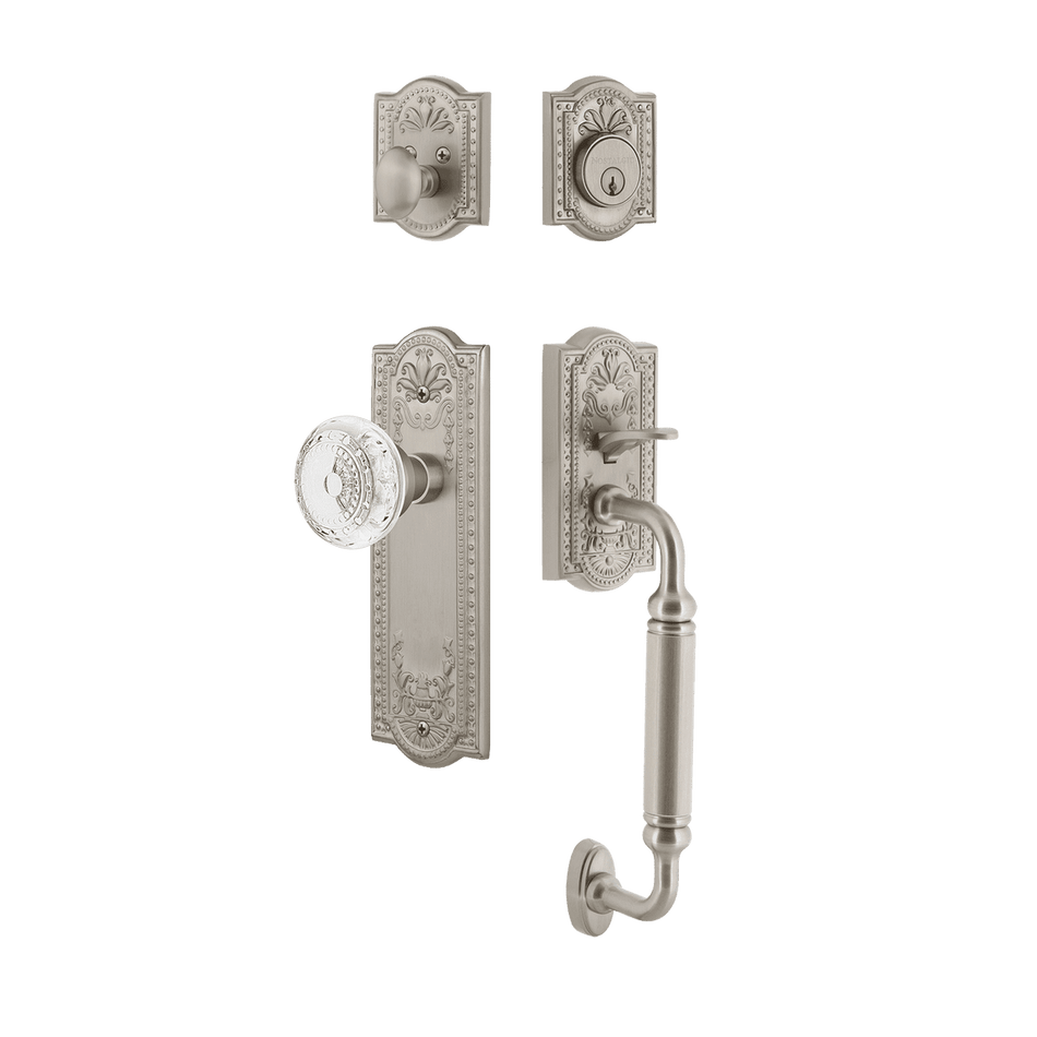 Nostalgic 755825: Entry Lockset w/Meadows Backplate, C-Grip Exterior Handle and Meadows Knob - Satin Nickel
