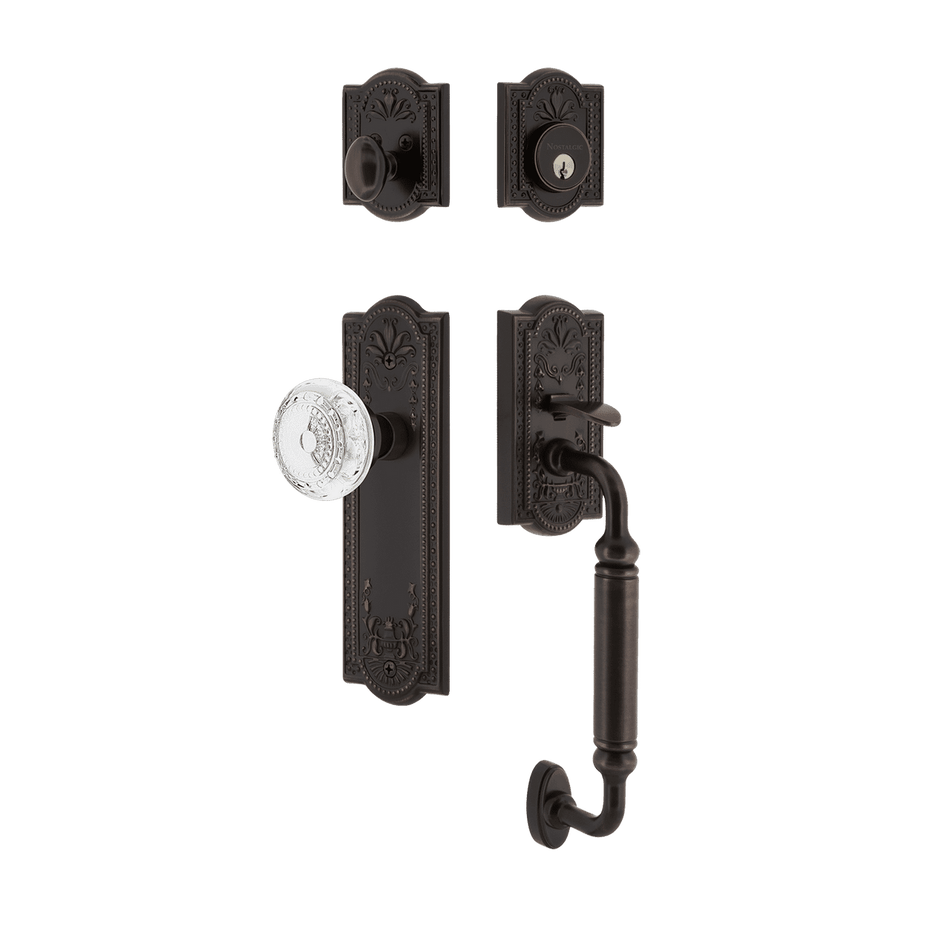 Nostalgic 755837: Entry Lockset w/Meadows Backplate, C-Grip Exterior Handle and Meadows Knob - Timeless Bronze