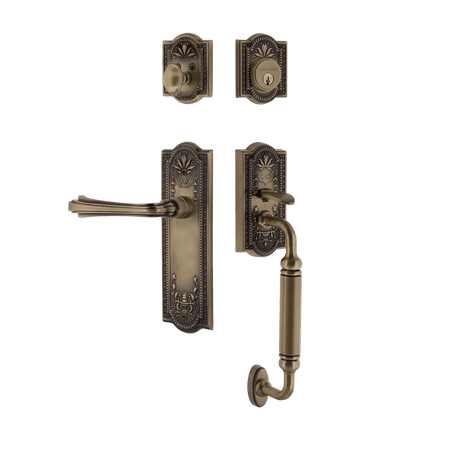 Nostalgic 770418: Entry Lockset w/Meadows Backplate, C-Grip Exterior Handle and Fleur Interior Lever - Antique Brass