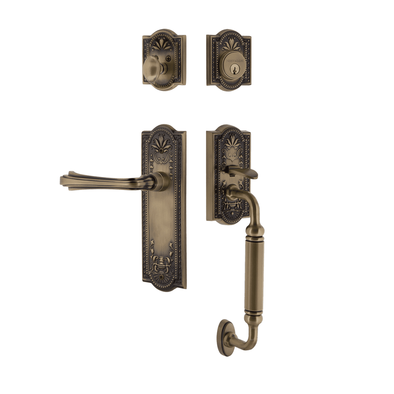 Nostalgic 770404: Entry Lockset w/Meadows Backplate, C-Grip Exterior Handle and Fleur Interior Lever - Antique Brass