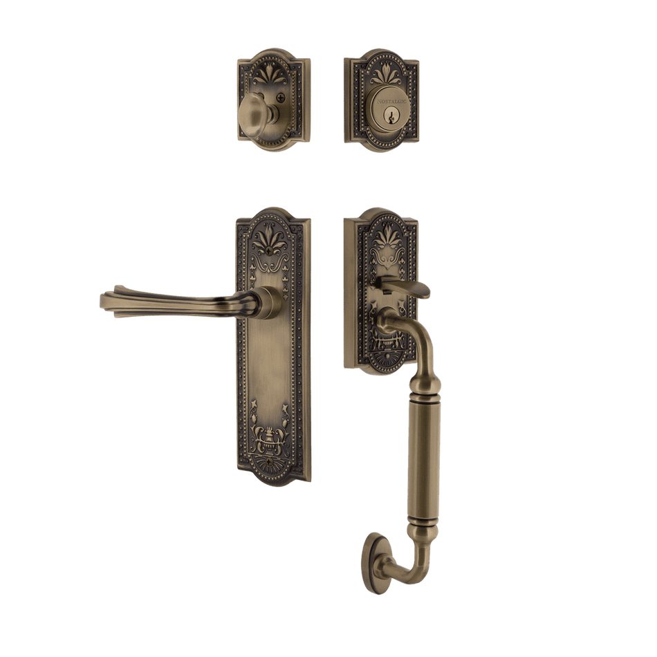 Nostalgic 768886: Entry Lockset w/Meadows Backplate, C-Grip Exterior Handle and Fleur Interior Lever - Antique Brass