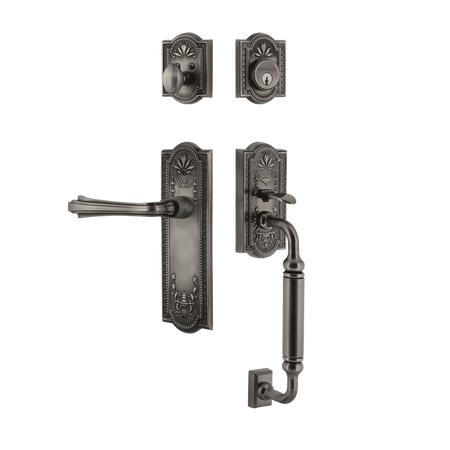 Nostalgic 768875: Entry Lockset w/Meadows Backplate, C-Grip Exterior Handle and Fleur Interior Lever - Antique Pewter