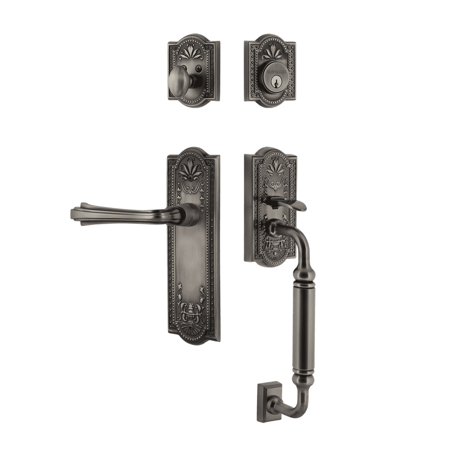 Nostalgic 770430: Entry Lockset w/Meadows Backplate, C-Grip Exterior Handle and Fleur Interior Lever - Antique Pewter