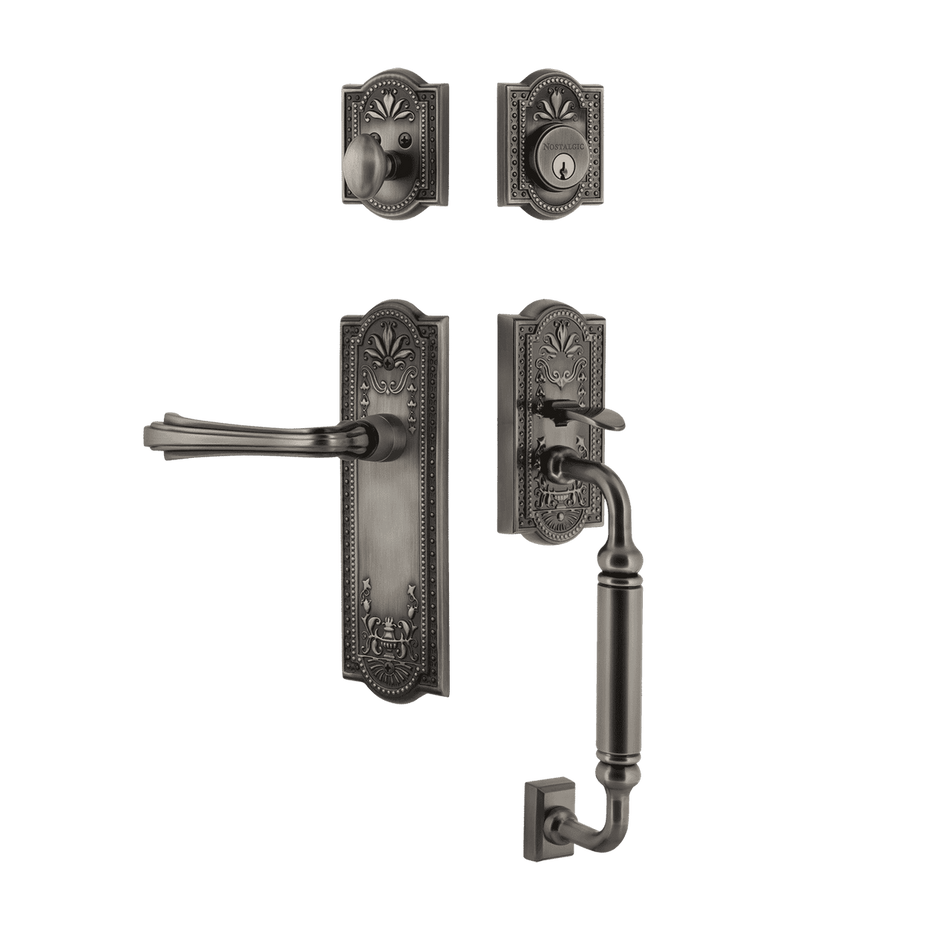 Nostalgic 768876: Entry Lockset w/Meadows Backplate, C-Grip Exterior Handle and Fleur Interior Lever - Antique Pewter
