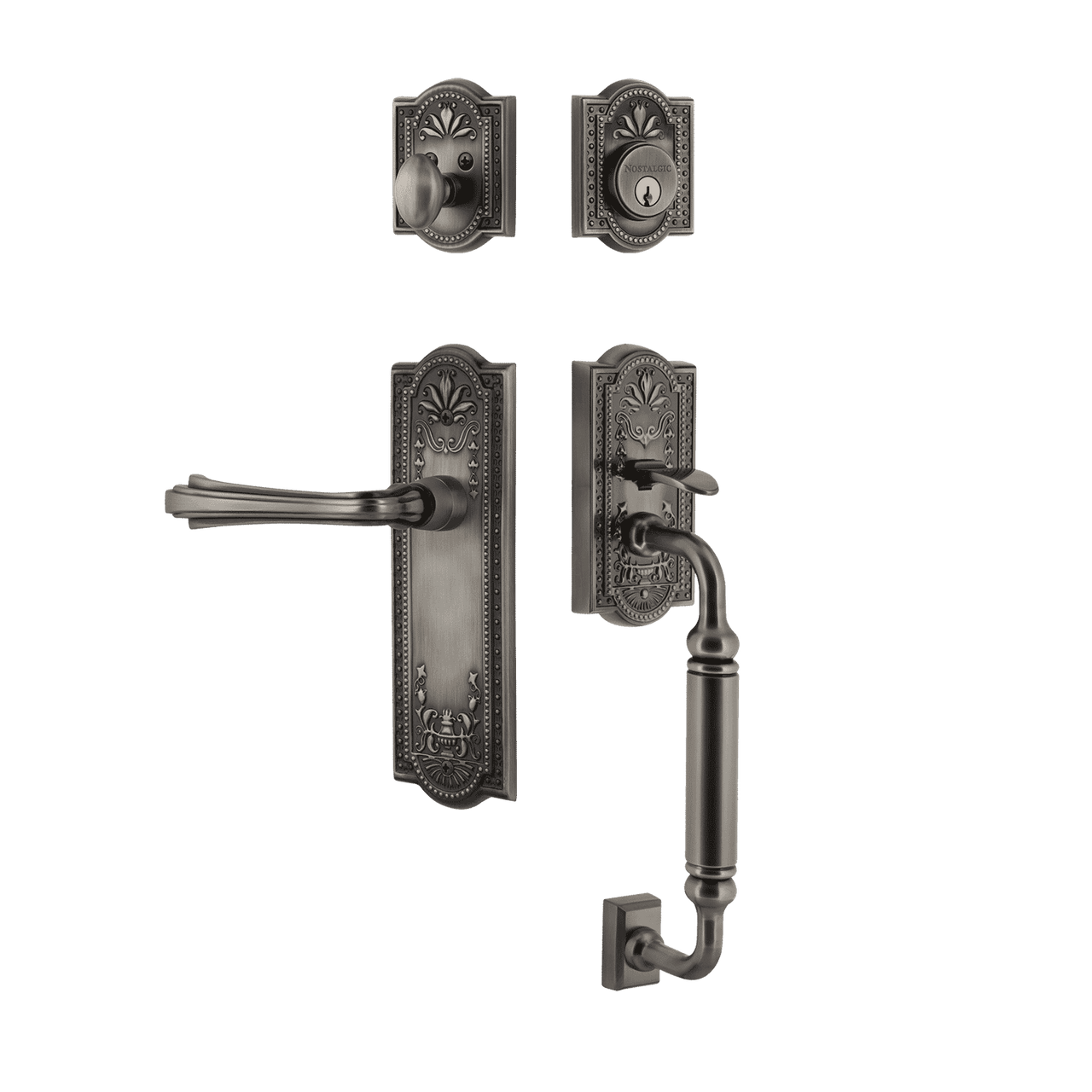 Nostalgic 770399: Entry Lockset w/Meadows Backplate, C-Grip Exterior Handle and Fleur Interior Lever - Antique Pewter