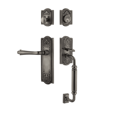 Nostalgic 770399: Entry Lockset w/Meadows Backplate, C-Grip Exterior Handle and Fleur Interior Lever - Antique Pewter