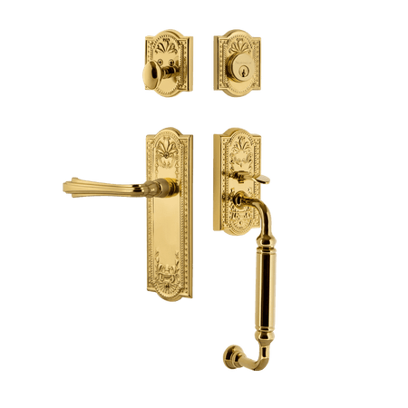 Nostalgic 770429: Entry Lockset w/Meadows Backplate, C-Grip Exterior Handle and Fleur Interior Lever - Polished Brass