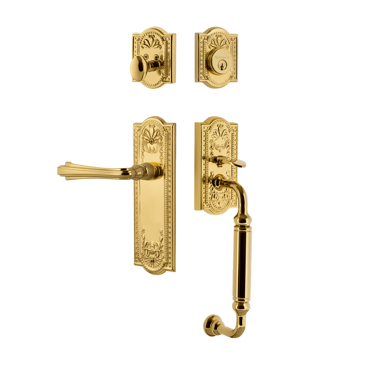 Nostalgic 768877: Entry Lockset w/Meadows Backplate, C-Grip Exterior Handle and Fleur Interior Lever - Polished Brass