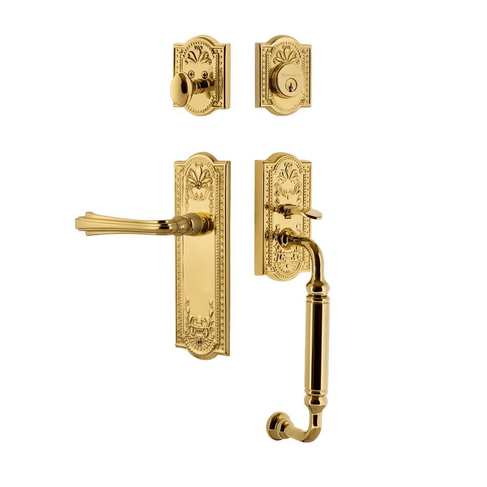 Nostalgic 768882: Entry Lockset w/Meadows Backplate, C-Grip Exterior Handle and Fleur Interior Lever - Polished Brass