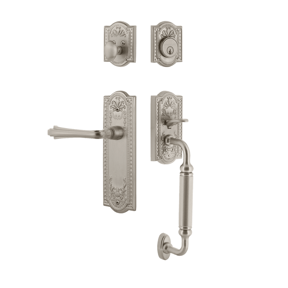 Nostalgic 768879: Entry Lockset w/Meadows Backplate, C-Grip Exterior Handle and Fleur Interior Lever - Satin Nickel