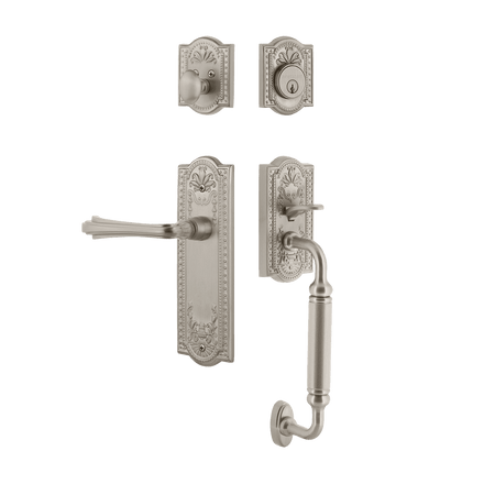 Nostalgic 770401: Entry Lockset w/Meadows Backplate, C-Grip Exterior Handle and Fleur Interior Lever - Satin Nickel