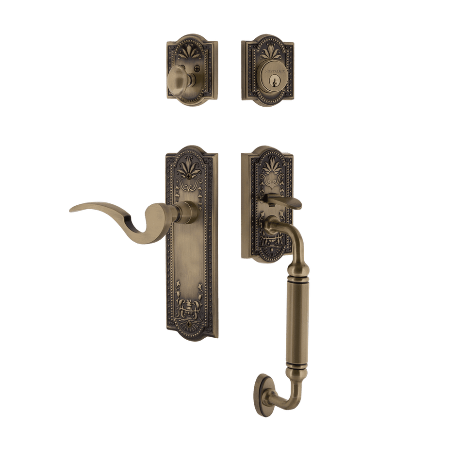 Nostalgic 767492: Entry Lockset w/Meadows Backplate, C-Grip Exterior Handle and Manor Interior Lever - Antique Brass