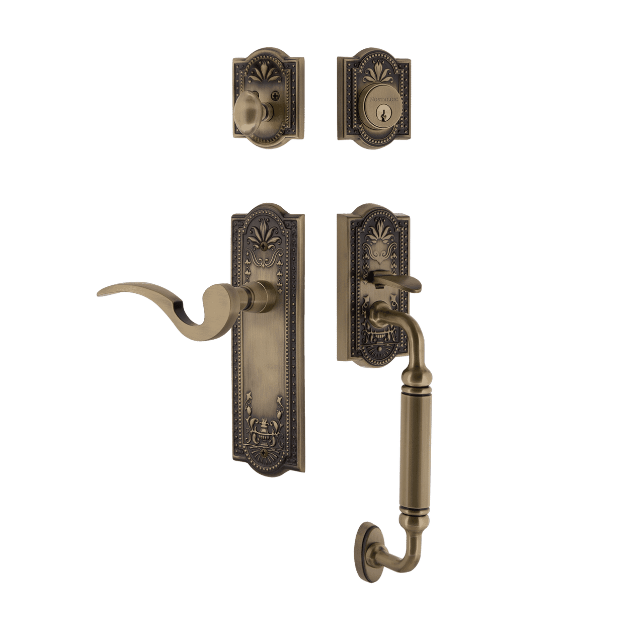 Nostalgic 770502: Entry Lockset w/Meadows Backplate, C-Grip Exterior Handle and Manor Interior Lever - Antique Brass