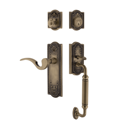 Nostalgic 770502: Entry Lockset w/Meadows Backplate, C-Grip Exterior Handle and Manor Interior Lever - Antique Brass
