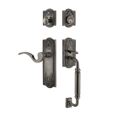 Nostalgic 770492: Entry Lockset w/Meadows Backplate, C-Grip Exterior Handle and Manor Interior Lever - Antique Pewter