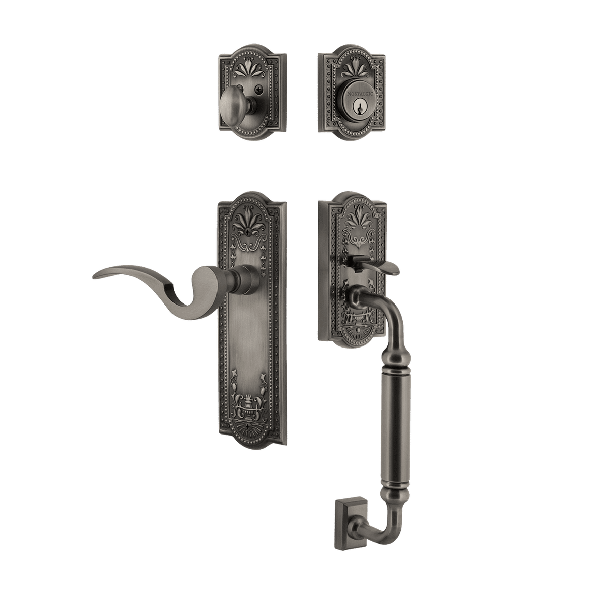 Nostalgic 770491: Entry Lockset w/Meadows Backplate, C-Grip Exterior Handle and Manor Interior Lever - Antique Pewter