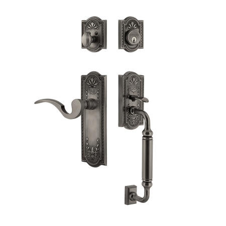 Nostalgic 770491: Entry Lockset w/Meadows Backplate, C-Grip Exterior Handle and Manor Interior Lever - Antique Pewter