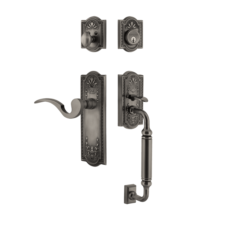 Nostalgic 770491: Entry Lockset w/Meadows Backplate, C-Grip Exterior Handle and Manor Interior Lever - Antique Pewter